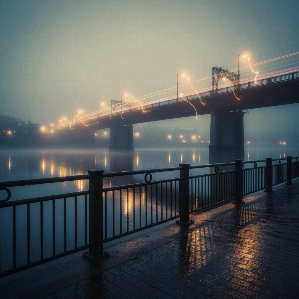 River Fog Over Bridge Lights